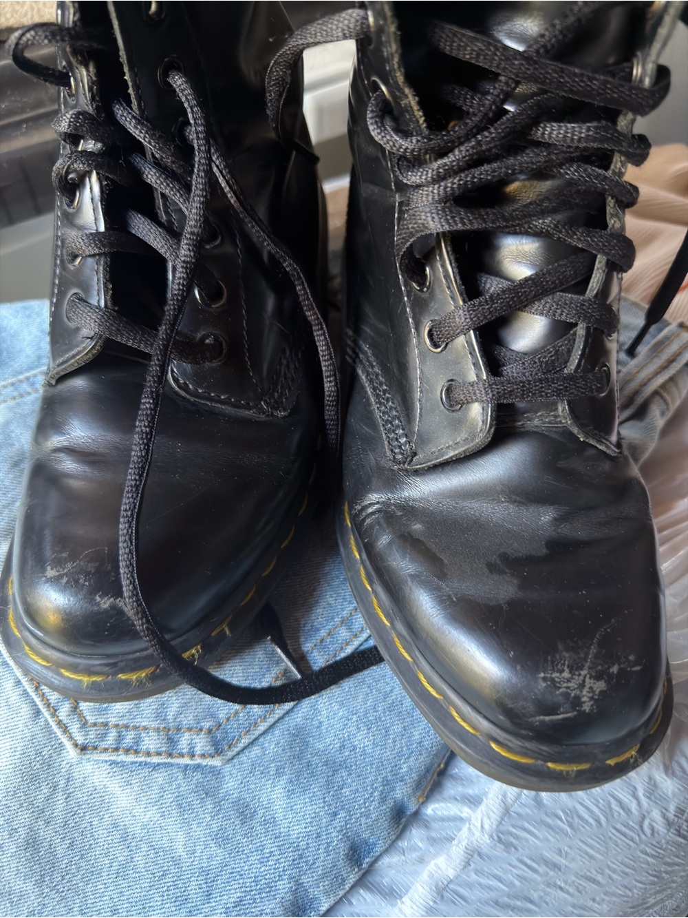 Dr. Martens Black Leather Lace-Up Boots with Yellow Stitching